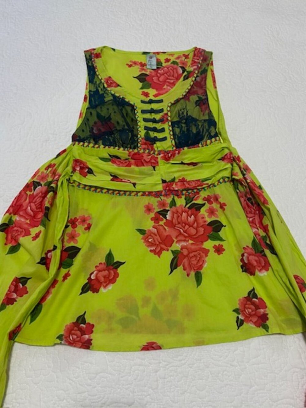 Free People Bright Green & Pink Floral Y2K Boho Sleeveless Top Size 6 - Picture 3 of 12
